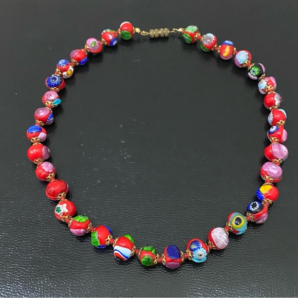 Vintage Red Multi Millefiori Venetian Murano Glass Beads Knotted 16” Necklace - Picture 10 of 16